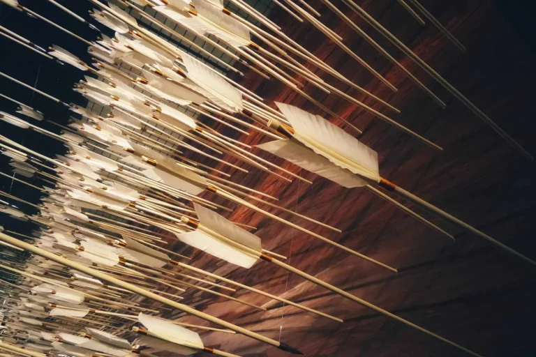 Photo d'arcs suspendus ornés de plumes, reposant sur un sol en bois.