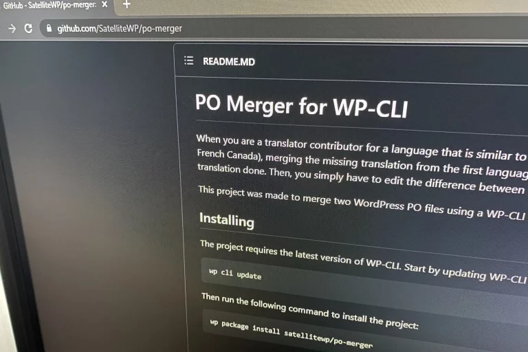 Capture écran GitHub projet PO Merger pour WP-CLI