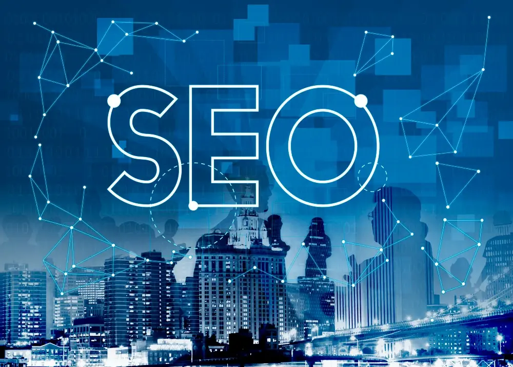 Graphique SEO superposé sur ville nocturne