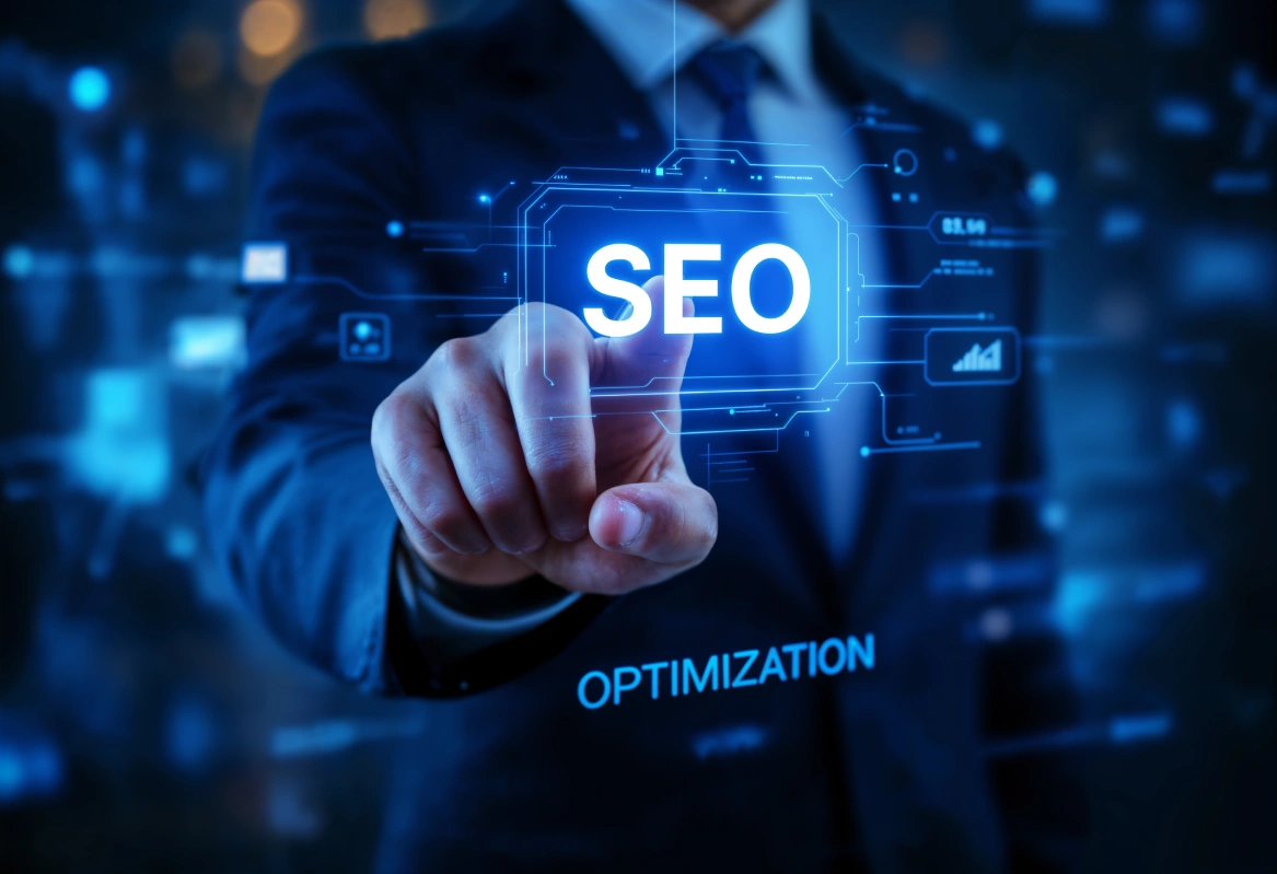 Homme d'affaires activant un hologramme SEO
