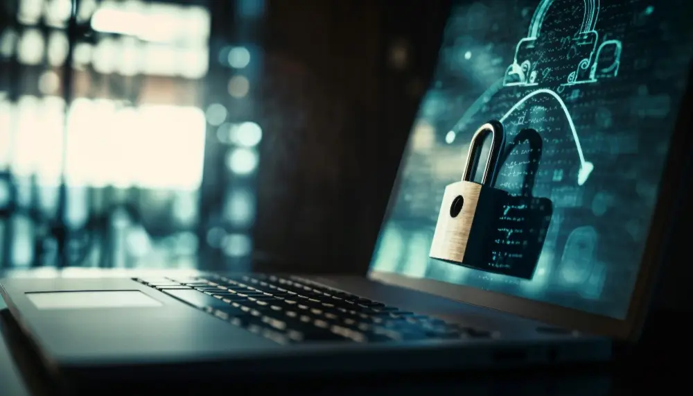 Ordinateur portable, cadenas sécurisé, concept cybersécurité