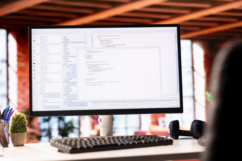 Écran d'ordinateur affichant du code dans bureau moderne