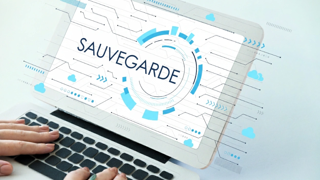 Écran d'ordinateur affichant le mot 'SAUVEGARDE'