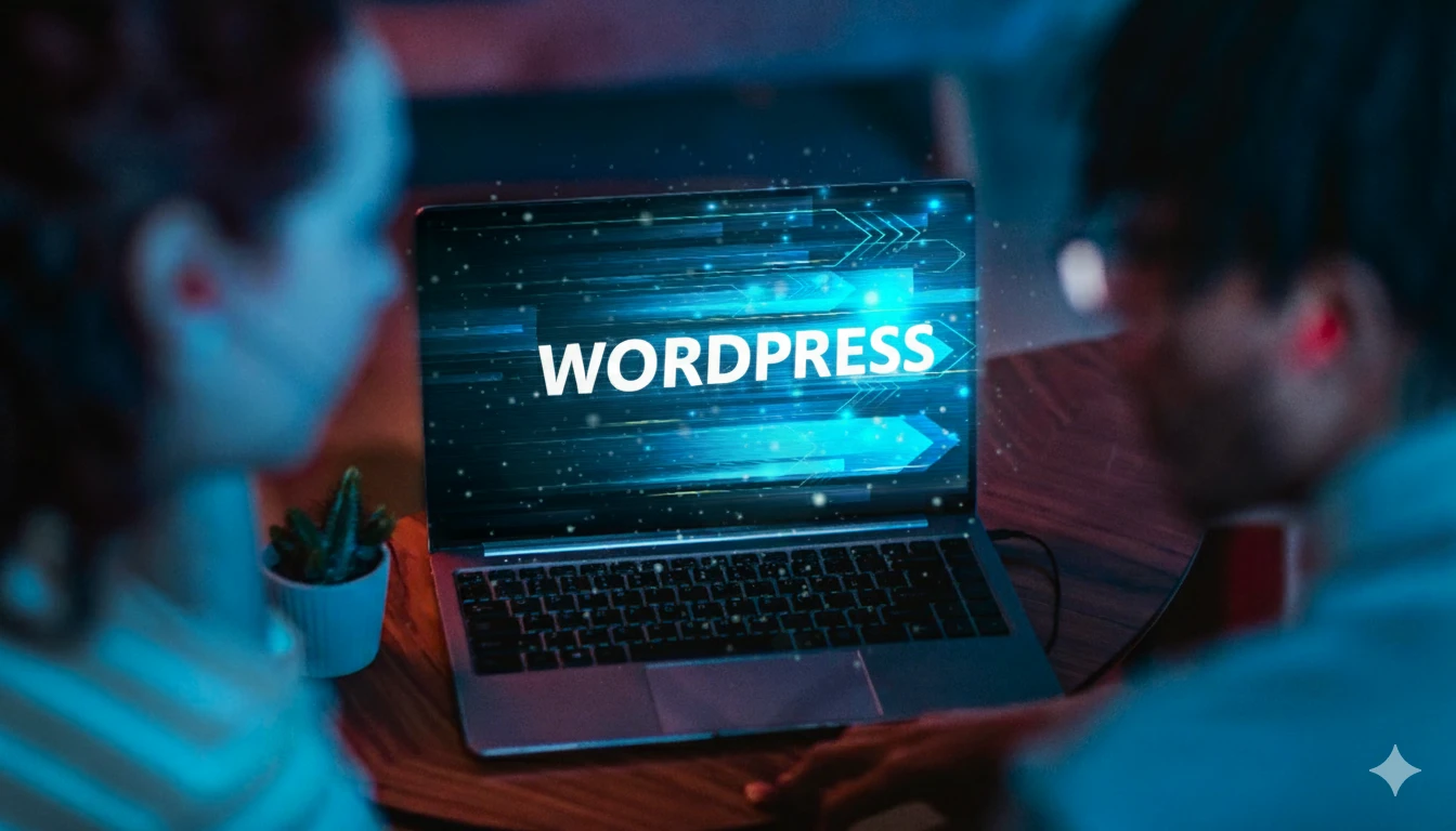 Ordinateur portable affichant WordPress avec design futuriste