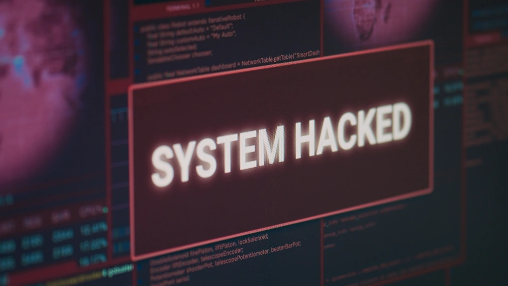 Écran indiquant 'SYSTÈME PIRATÉ' avec fond sombre
