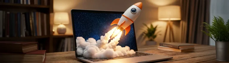 Fusée animée décollant d'un ordinateur portable