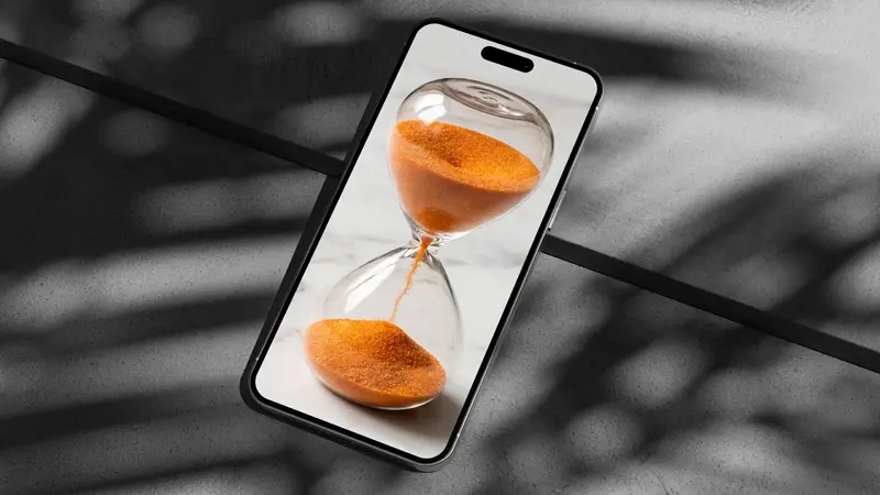 Sablier sur écran de téléphone, ombres élégantes