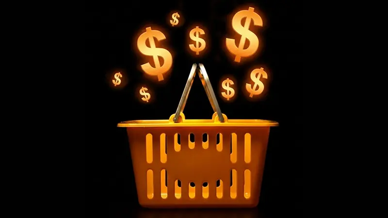 Panier doré avec symboles de dollar flottants