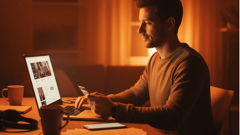 Homme travaillant tard sur ordinateur à domicile