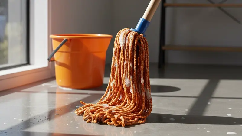 Seau orange et vadrouille pour nettoyage
