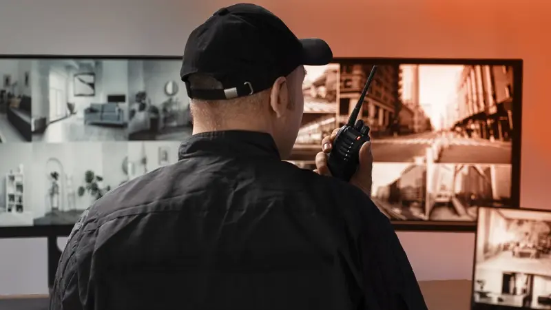 Agent de surveillance observant les images des caméras sur ses écrans.