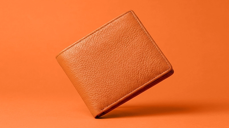 Portefeuille en cuir marron sur fond orange