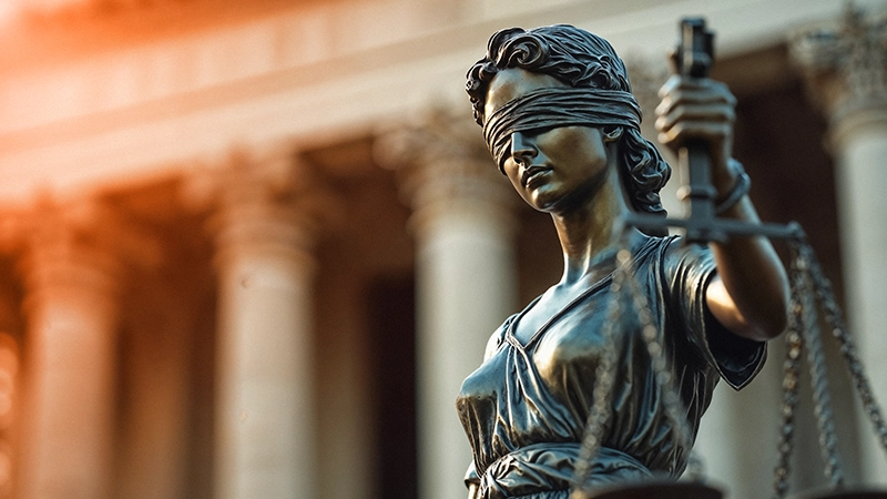 Statue de la justice devant un palais judiciaire