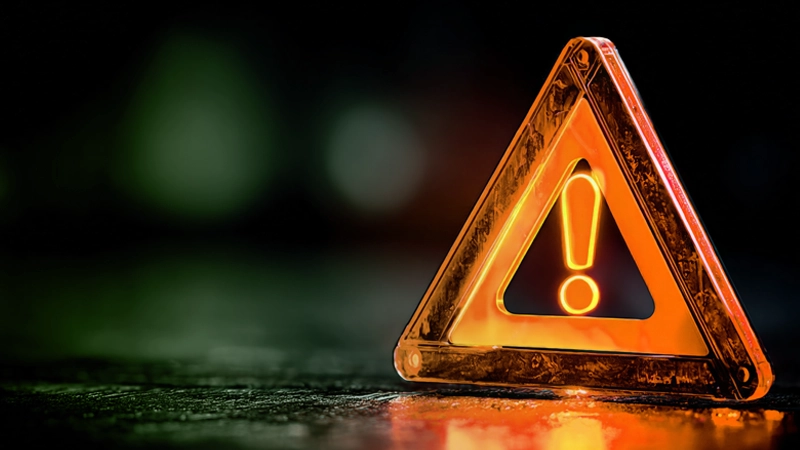 Orange warning triangle with a glowing exclamation point