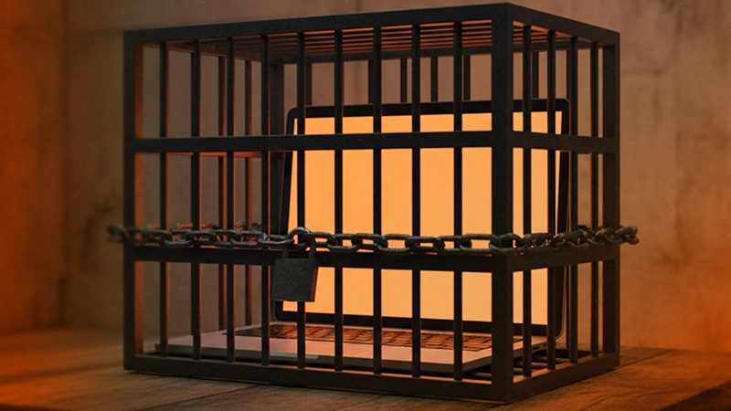 Ordinateur portable enfermé dans une cage métallique verrouillée