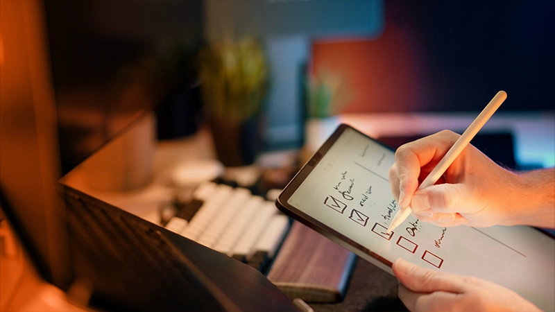 Person writing a to-do list on a tablet.
