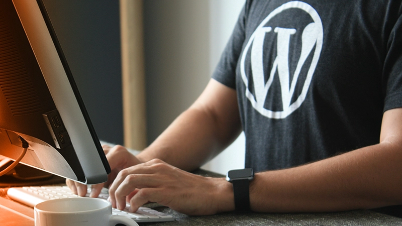 Personne portant un chandail avec le logo de WordPress en train de taper sur un ordinateur.