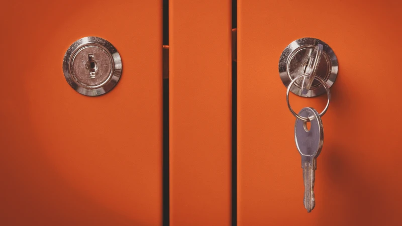 Portes de casiers oranges, dont l'une est sécurisée par un cadenas à clé et l'autre par un cadenas sans clé. Illustrant un un propriétaire et un locataire web.